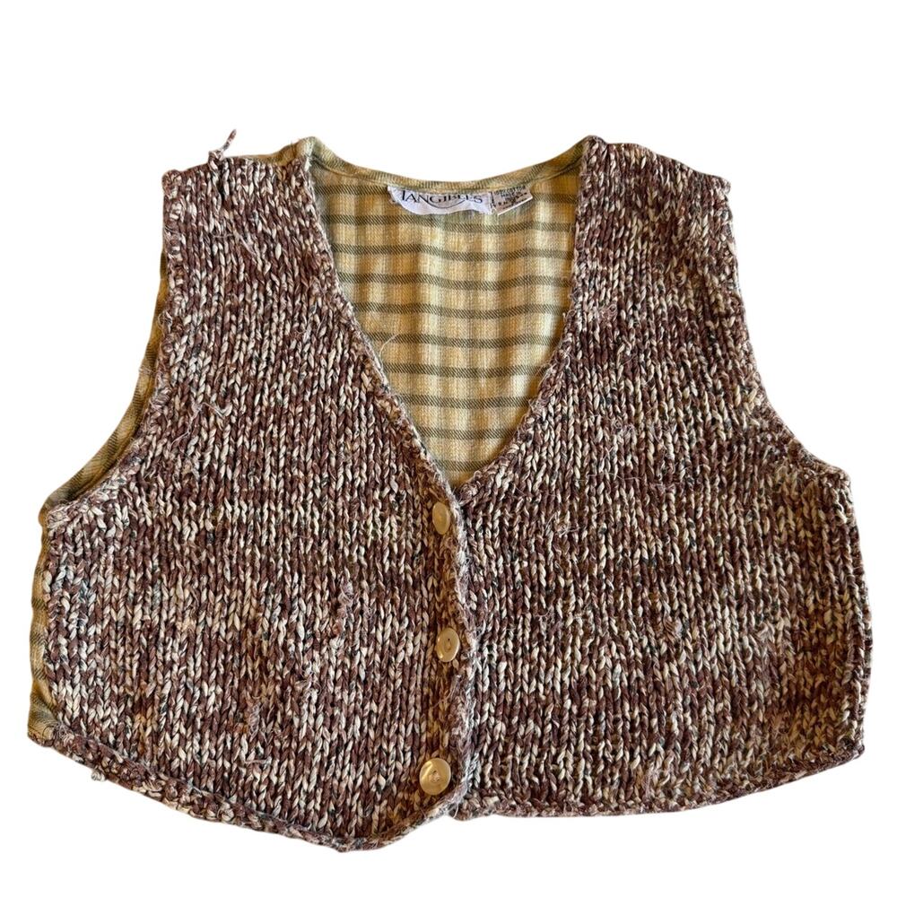 VTG Tangibles Cotton Boho Colligate Knit Vest Brown & Plaid Small 90s Style